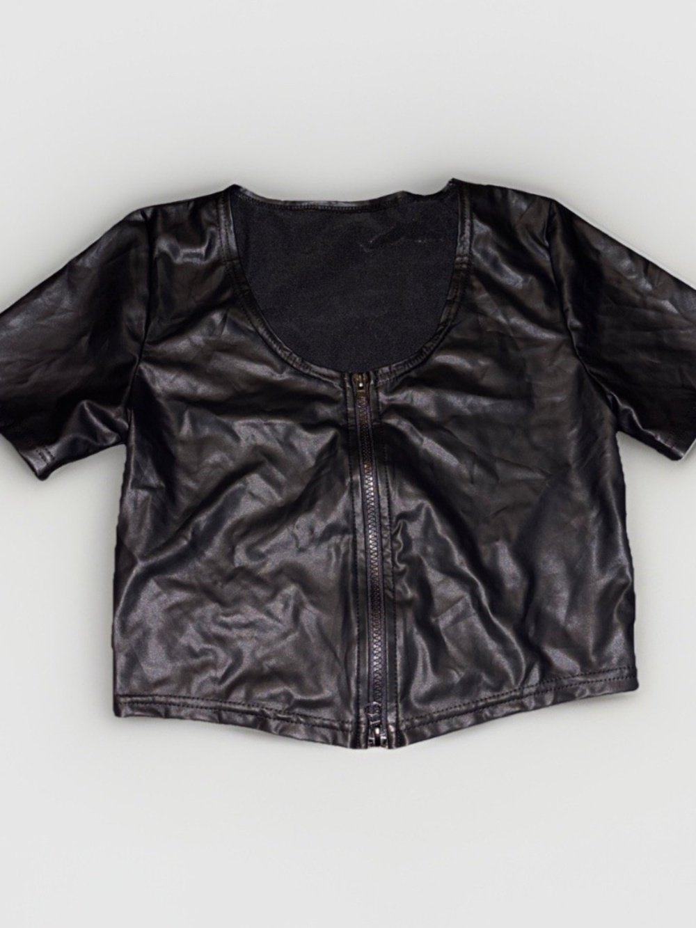 Black Faux Leather Short-Sleeve Zip-Up Crop Top